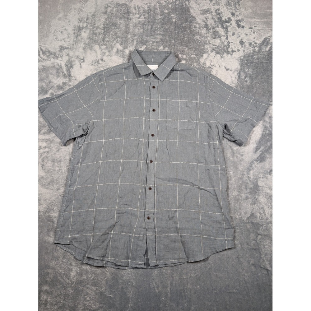 Katin Shirt Mens 2XL Gray Windowpane Short Sleeve Button Up Cotton Linen Casual